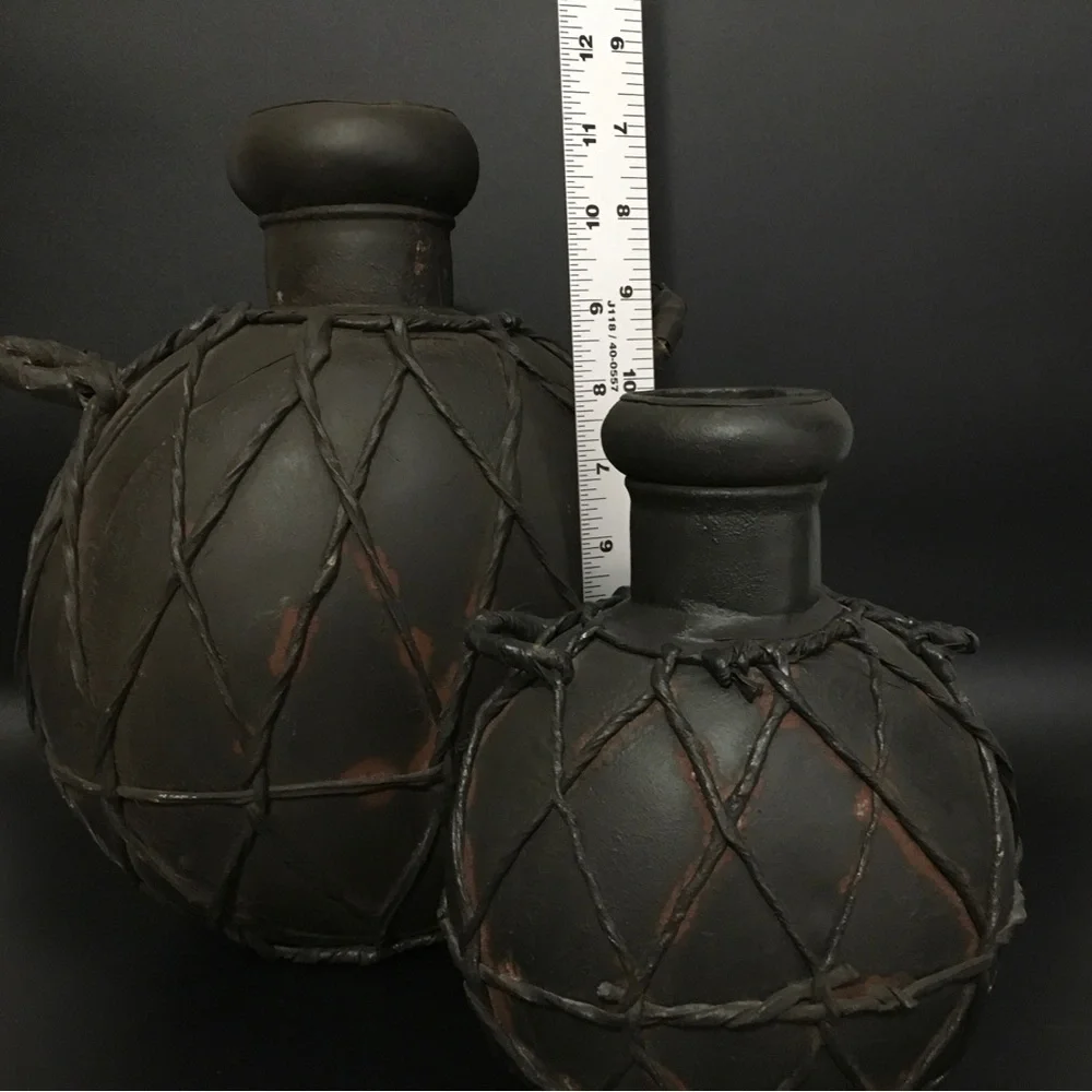 Italian Decorative Leather Wrapped Metal Canteen Water Jugs 12” & 8” Set of 2